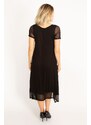 Şans Women's Plus Size Black Dress With Sleeves And Hem. Tulle Detailed With Slits In The Side