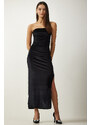 Happiness İstanbul Women's Black Strapless Neck Slit Elegant Velvet Dress