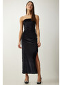 Happiness İstanbul Women's Black Strapless Neck Slit Elegant Velvet Dress