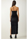 Happiness İstanbul Women's Black Strapless Neck Slit Elegant Velvet Dress