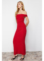 Trendyol Red Maxi Fitted Carmen Collar Flexible Knitted Maxi Dress