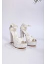 Shoeberry Women's Cadena White Lace Platform Heels.