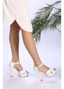Shoeberry Women's Cadena White Lace Platform Heels.