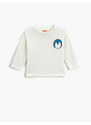 Koton Penguin Print Detailed T-Shirt Long Sleeved Crew Neck