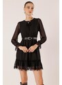 By Saygı Lace Chiffon Dress With Tie Collar Waist Belt Lined Skirt