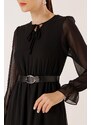By Saygı Lace Chiffon Dress With Tie Collar Waist Belt Lined Skirt