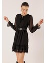 By Saygı Lace Chiffon Dress With Tie Collar Waist Belt Lined Skirt