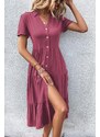 Madmext Burgundy Shirt Collar Long Dress