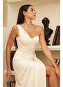 Carmen Ecru Satin One-Shoulder Slit Long Outdoor Engagement Dress