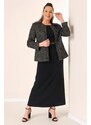 By Saygı Beaded Waist Sleeveless Long Crepe Dress Front Beaded Patterned Jacquard Jacket Lined Plus Size 2 Ta