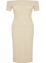 Trendyol Curve Beige Fitted/Fitted Carmen Collar Ribbed Soft Textured Midi Flexible Knitted Dress