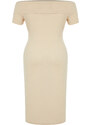 Trendyol Curve Beige Fitted/Fitted Carmen Collar Ribbed Soft Textured Midi Flexible Knitted Dress