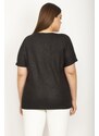 Şans Women's Plus Size Black Flocked Fabric Patterned Low-Sleeve Blouse