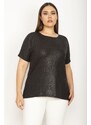 Şans Women's Plus Size Black Flocked Fabric Patterned Low-Sleeve Blouse