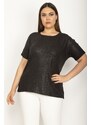 Şans Women's Plus Size Black Flocked Fabric Patterned Low-Sleeve Blouse