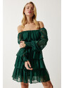 Happiness İstanbul Women's Emerald Green Flounce Chiffon Dress