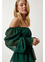 Happiness İstanbul Women's Emerald Green Flounce Chiffon Dress