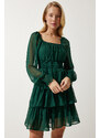 Happiness İstanbul Women's Emerald Green Flounce Chiffon Dress