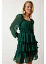 Happiness İstanbul Women's Emerald Green Flounce Chiffon Dress