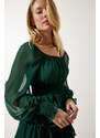 Happiness İstanbul Women's Emerald Green Flounce Chiffon Dress
