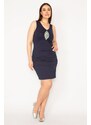 Şans Women's Plus Size Navy Blue Stone Embroidered Dress With Shirring Details