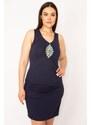 Şans Women's Plus Size Navy Blue Stone Embroidered Dress With Shirring Details