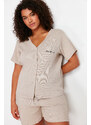 Trendyol Curve Beige Embroidered and Ribbed Knitted Pajamas Set