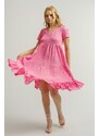 armonika Women's Pink V-Neck Gathered Short Sleeve Frilly Dress