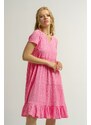 armonika Women's Pink V-Neck Gathered Short Sleeve Frilly Dress