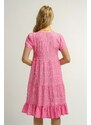 armonika Women's Pink V-Neck Gathered Short Sleeve Frilly Dress