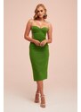 Carmen Pistachio Green Stone Lace Midi Crepe Evening Dress