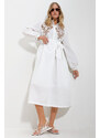 Trend Alaçatı Stili Women's White Judge Collar Front Embroidered Balloon Sleeve Belt Lined Woven Dress