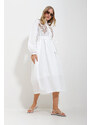 Trend Alaçatı Stili Women's White Judge Collar Front Embroidered Balloon Sleeve Belt Lined Woven Dress