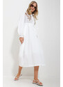 Trend Alaçatı Stili Women's White Judge Collar Front Embroidered Balloon Sleeve Belt Lined Woven Dress