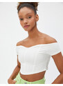 Koton Crop T-Shirt Off-Shoulder Corset Detailed Sweetheart Neck.