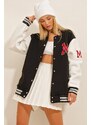 Trend Alaçatı Stili Women's Black Inner Raised Color Block Coat Of Arms College Jacket