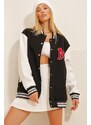 Trend Alaçatı Stili Women's Black Inner Raised Color Block Coat Of Arms College Jacket