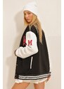 Trend Alaçatı Stili Women's Black Inner Raised Color Block Coat Of Arms College Jacket