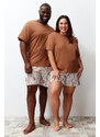 Trendyol Brown Regular Fit Teddy Bear Printed Couple Knitted Plus Size Pajamas Set