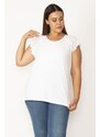 Şans Women's Plus Size White Raglan Sleeves Sleeves Embroidery And Lace Detail Cotton Fabric Blouse