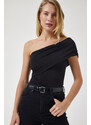 Happiness İstanbul Women's Black One-Shoulder Gathered Knitted Blouse