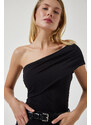 Happiness İstanbul Women's Black One-Shoulder Gathered Knitted Blouse