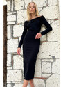 Trend Alaçatı Stili Women's Black With a Knot Detail at the Front, Decollete Lycra Midiboy Dress
