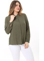 Şans Women's Plus Size Khaki Hidden Pat Button Long Sleeve Blouse