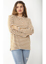 Şans Women's Plus Size Milk Brown Long Sleeve Striped Blouse