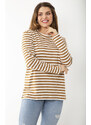 Şans Women's Plus Size Milk Brown Long Sleeve Striped Blouse