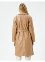 Koton Trench Coat Leather Look Midi Length Belt Detailed Pocket Buttoned