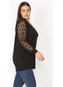 Şans Women's Plus Size Black V-Neck Blouse With Collar And Sleeves Lace