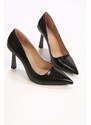 Shoeberry Women's Plexi Black Crocodile Patent Leather Heeled Shoes Stiletto