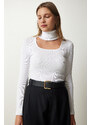 Happiness İstanbul Women's White Cut Out Detailed Turtleneck Ribbed Knitted Blouse